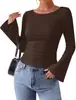 Blusa de Manga Longa com Gola Redonda Canelada Amazon Europeia e Americana Transfronteiriça, Nova Roupa Feminina de Outono