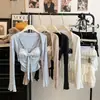 Conjunto de Tres Piezas de Manga Larga Estilo Ins Coreano para Principios de Otoño Versátil Cuello Cuadrado Manga Larga Estampado de Lunares Falda de Corte Ajustado Camiseta Fina