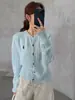 Cárdigan de Punto Azul con Cuello Redondo para Mujer, Nuevo Estilo 2026 Suéter de Lana con Punto Trenzado y Logo de Caballo Bordado