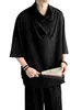 Camiseta de seda helada holgada para hombre, estilo nicho de verano de manga corta fina, de tono oscuro, estilo chino nuevo con diseño de cuello escalonado
