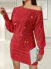 Ropa de mujer de comercio exterior transfronterizo nueva para primavera y verano 2024 Amazon wish falda vestido de manga larga con lentejuelas de hombro asimétrico