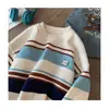 2025 Novo Suéter Casual de Gola Redonda Listrado Masculino Tendência Nacional Retro Oversized Estilo Preguiçoso Malha Outono Inverno Tendência