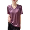 Camiseta de Manga Corta con Caída Sedosa Transfronteriza para Mujer, Camiseta sin Mangas Oversize de Seda Helada, Prenda Exterior Holgada con Diseño en Relieve 3D, Top de Verano para Mujer
