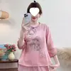 Estilo étnico verano nuevo estilo chino algodón lino retro camisa con cuello diagonal, vestido de té abotonado artístico, top bordado de manga tres cuartos