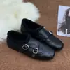 Piel Dividida de Vaca ~ [Doble Hebilla con Felpa] Zapatos Planos Estilo Barroco Retro Británico Mocasines con Hebilla Metálica Zapatos Pequeños de Cuero