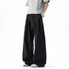 Calça de Sarja Plissada de Linho Falso Estilo Old Money para Homens, Verão Fina Solta Casual Esportiva de Perna Reta Caída Longa