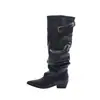 Botas Largas Adelgazantes de Invierno y Otoño por Encima de la Rodilla Punta Fina Tacón Grueso Tacón Medio-Alto Botas Largas de Motocicleta Circunferencia del Muslo de Mujer Botas de Moda de Tacón Alto