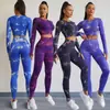 Ropa de yoga tie-dye europea y americana para otoño e invierno, pantalones deportivos ajustados para levantar glúteos, traje de yoga transpirable de manga larga para exteriores, para mujer