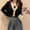 Cardigan de Tricô com Decote V Cor de Café para Mulheres, Curto para Primavera/Outono, Cintura Alta, Mangas Longas, Peça para Outono Inicial, Suéter, Casaco, Top para Baixinhas