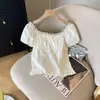 Camisa de estilo dulce con mangas abullonadas, lunares y lazo para mujer, top versátil con ribete de encaje de verano