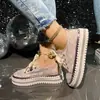 Zapatos Planos Casuales Transfronterizos Talla 45 con Cordones de Pedrería, Zapatillas Deportivas Transpirables de Malla Bordada con Cordones y Suela Gruesa, Versátiles