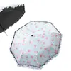 Guarda-chuva Manual Dobrável com Cabo de Argola, Guarda-sol Preto com Proteção UV, Design Floral Fresco, Guarda-sol Anti-UV