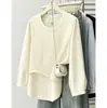 Sudadera tipo camiseta casual talla grande para mujer, nuevo diseño de otoño, elegante top de retazos huecos de dos piezas simuladas 0720