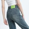 Jeans de Pierna Recta Diseño Etiqueta Verde Nuevo para Mujer Cintura Alta Ajustados Retro Elásticos Acortados Pequeños Populares en Internet Pantalones Tubo Ahumado