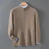 Cardigã bloqueado por cores, grosso, 100% lã pura para homens, com gola semi-alta, zíper, design em tricô e mangas compridas, perfeito para outono e inverno