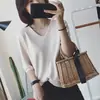 Suéter de Manga Três Quartos com Decote V para Estudantes, Estilo Coreano, Caimento Solto, Camada Base de Verão 2020, Blusa de Tricô de Manga Média, Camiseta Fina para Mulheres
