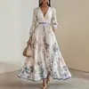 Vestido de Fiesta Popular de Manga Larga Estampado para Mujer, Exportación Europea y Americana 2025, Falda Elegante de Media Longitud con Cuello en V para Mujer