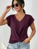 Camiseta feminina casual transfronteiriça com decote V, mangas curtas torcidas e ombros dobrados, cor sólida, barra solta e top cruzado