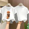 Camiseta de manga larga a rayas de algodón puro para niños, camiseta básica de otoño con dibujos animados, top falso de dos piezas para niños, casual y versátil