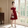 Vestido Curto de Verão Vermelho Tomara que Caia com Mangas Bufantes, Saia Evasê de Cintura Alta para Mulheres, Vestido para Festa de Aniversário