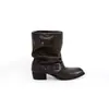 Botines de tacón grueso de 5 cm estilo Grape Mom para mujer, botines cortos apilados con remaches y hebilla de cinturón vintage, botas de montar de punta