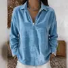 Camisa Feminina para Outono e Inverno, Nova Moda Europeia e Americana, Veludo Cotelê com Zíper Parcial, Gola Reversível Vintage, Top Diário para Mulheres