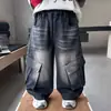 Pantalones de Mezclilla Suave para Niños Otoño Nuevo Estilo Modernos Geniales Pantalones Cargo Pantalones Largos de Calle Guapos para Niños Pantalones Rectos para Bebés Niños