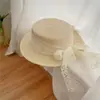 Chapéu de Palha Grande de Aba para Mulheres Estilo Étnico, Chapéu de Sol Estilo Férias na Praia de Verão, Chapéu de Pescador de Palha Emagrecedor