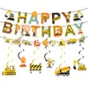 Alfabeto Veículo de Engenharia Feliz Aniversário Decoração de Festa Bandeira Conjunto Espiral Escavadeira Bolo Mesa de Sobremesa Inserção Personalização