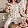 Pijama de algodón nube de manga larga y pantalón largo para mujer, disponible en stock, nuevo estilo de otoño, estilo dulce de princesa de dibujos animados, se puede usar como ropa exterior, ropa de estar