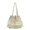 Bolsa de Compras Feminina Grande Capacidade Renda Plissada Estilo Chanel Bolsa Geral Bolsa de Ombro Único Artística Casual Feminina