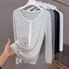 Capa base para mujer Lyocell Tencel Acetato Lana Merino Botones Rayas Otoño Invierno Corte Ajustado Elástico Manga Larga Top Tejido