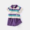 Traje de verano para bebé Camiseta de manga corta con cuello polo a rayas anchas para niños Shorts morados Conjunto de dos piezas de verano para bebé