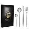 Juego de cubiertos de acero inoxidable(Incluye cuchillo de mesa, tenedor de mesa, cuchara de mesa y cuchara de postre.) En una elegante caja de regalo, ideal para cocinas domésticas, restaurantes, cenas y reuniones, así como para regalos de inauguración de casa o de boda.