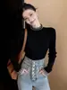 Blusa de Malha Elegante com Gola Meia-Alta e Pérolas, Estilosa, Nova para Primavera e Outono, Camada Base para Mulheres