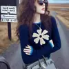 Suéter Bloque de Color Floral Azul para Mujer, Nuevo Estilo Invierno 2025, Top de Punto en Capas Muy Elegante