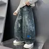 Jeans rectos holgados de pierna ancha para hombre, estilo casual americano, lavados, vintage, con graffiti pintado a mano, para primavera y otoño, de alta calle