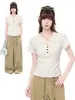 Camiseta de Manga Corta con Volantes y Botones Color Albaricoque para Mujer, Diseño Coreano Verano 2026, Top Delgado que Ceñe la Cintura
