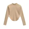 Sexy Camiseta de Cuello Alto de Manga Larga para Mujer, Nuevo Estilo Otoño e Invierno, Crop Top Curvo de Cintura Alta, Top Transparente de Puro Deseo que Muestra la Cintura, Moderno
