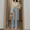 Calça jeans flare feminina, novo estilo primavera-verão, cor clara, cintura alta, corte slim, valoriza silhuetas petites, perna reta, com caimento, calça bootcut comprimento total