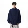 Cardigan Suéter Americano Retro Color-Blocked com Gola Alta, Unissex, Novo Estilo Primavera 2026, Jaqueta Simples de Corte Solto para Casal