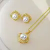 Conjunto de collar colgante y pendientes de botón con zircón en forma de T y perla, pendientes colgantes de diamante cuadrado y perla, collar colgante de moda para la oficina