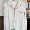 Pijama de niña estilo coreano con rayas simples, cárdigan de primavera y otoño con encaje, conjunto de manga larga y pantalón largo, se puede usar afuera como ropa de estar.