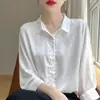 Camisa Jacquard 26 Verano Nuevo Estilo para Mujer Elegante de Gama Alta Satén Manga Tres Cuartos Cuello Polo Holgada Versátil Superior