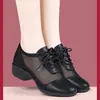 Sapatos de Dança Femininos Fanghua Verão Respiráveis com Malha e Salto Anabela Solado Macio para Dança Moderna de Salão Dança de Salão Quadrada