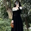 Nuevo Vestido Elegante de Encaje Patchwork Color Block Hombros Descubiertos Estilo Francés para Mujer, Vestido Largo Línea A Estilo Socialité Otoño e Invierno, Transfronterizo
