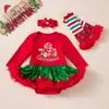 Venta directa de fábrica vestido navideño para niña pequeña enterizo de malla con lentejuelas de manga larga para bebé con diadema y calentadores de piernas conjunto