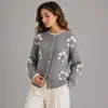 Cárdigan de punto con botón de perla floral tridimensional gris para mujer, suéter Shein con ribete de color block, abrigo suave estilo francés