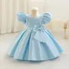 Vestido Novo para Festa de 1º Aniversário de Bebês e Crianças Pequenas 2025 Laço Manga Bufante Vestido Infantil Vestido de Princesa