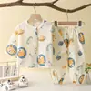 Nuevo conjunto de pijama de gasa de algodón de doble capa para niños, adecuado tanto para niños como para niñas, ropa de aire acondicionado para primavera y verano, conjunto fino y transpirable para bebés